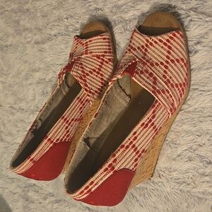 TOMS Red And White Peep-Toe Heels Wedge, Size 7